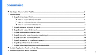 Sommaire
• Les étapes clés pour utiliser Mobilic.......................................................................................................................................3
• Utiliser Mobilic...........................................................................................................................................................................4
o Etape 1 : s’inscrire sur Mobilic.....................................................................................................................................…4
Ø Etape 1a : ouvrir le mail d’invitation....................................................................................................................4
Ø Etape 1b : créer son compte.................................................................................................................................5
Ø Etape 1c : activer son adresse e-mail....................................................................................................................6
o Etape 2 : démarrer sa journée de travail.......................................................................................................................7
o Etape 3 : saisir sa journée de travail.............................................................................................................................10
o Etape 4 : terminer sa journée de travail.......................................................................................................................13
o Etape 5 : consulter ses anciennes journées de travail................................................................................................15
o Etape 6 : consulter ses relevés d’heures.......................................................................................................................18
o Etape 7 : enregistrer un congé ou une absence...........................................................................................................20
o Etape 8 : que faire en cas de contrôle...........................................................................................................................22
o Etape 9 : mettre à jour mes informations personnelles..............................................................................................24
• Installer l’application Mobilic sur Android.............................................................................................................................26
• Installer l’application Mobilic sur iPhone................................................................................................................................27
2
 
