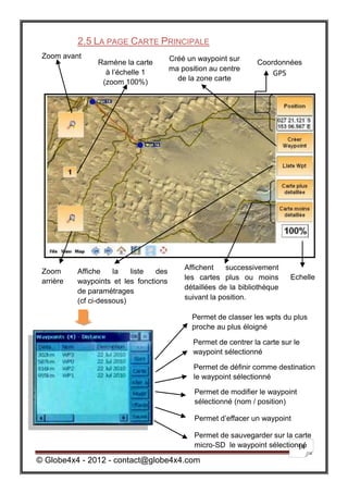 2.5 LA PAGE CARTE PRINCIPALE
 Zoom avant                             Créé un waypoint sur
                Ramène la carte                                   Coordonnées
                  à l’échelle 1         ma position au centre
                                                                       GPS
                 (zoom 100%)              de la zone carte




                                            Affichent    successivement
 Zoom      Affiche    la   liste  des
                                            les cartes plus ou moins         Echelle
 arrière   waypoints et les fonctions
                                            détaillées de la bibliothèque
           de paramétrages
           (cf ci-dessous)                  suivant la position.

                                              Permet de classer les wpts du plus
                                              proche au plus éloigné

                                               Permet de centrer la carte sur le
                                               waypoint sélectionné

                                               Permet de définir comme destination
                                               le waypoint sélectionné

                                               Permet de modifier le waypoint
                                               sélectionné (nom / position)

                                               Permet d’effacer un waypoint

                                               Permet de sauvegarder sur la carte
                                               micro-SD le waypoint sélectionné
                                                                             14

© Globe4x4 - 2012 - contact@globe4x4.com
 