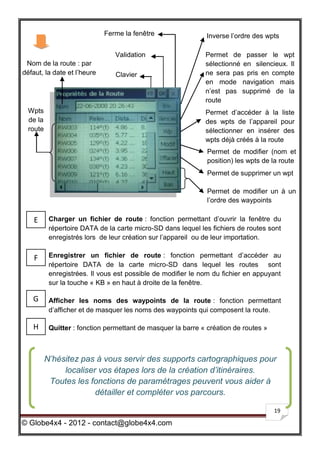 Ferme la fenêtre                  Inverse l’ordre des wpts

                                Validation                    Permet de passer le wpt
 Nom de la route : par                                        sélectionné en silencieux. Il
défaut, la date et l’heure       Clavier                      ne sera pas pris en compte
                                                              en mode navigation mais
                                                              n’est pas supprimé de la
                                                              route
  Wpts                                                        Permet d’accéder à la liste
  de la                                                       des wpts de l’appareil pour
  route                                                       sélectionner en insérer des
                                                              wpts déjà créés à la route
                                                               Permet de modifier (nom et
                                                               position) les wpts de la route
                                                               Permet de supprimer un wpt

                                                               Permet de modifier un à un
                                                               l’ordre des waypoints

    E      Charger un fichier de route : fonction permettant d’ouvrir la fenêtre du
           répertoire DATA de la carte micro-SD dans lequel les fichiers de routes sont
           enregistrés lors de leur création sur l’appareil ou de leur importation.


    F      Enregistrer un fichier de route : fonction permettant d’accéder au
           répertoire DATA de la carte micro-SD dans lequel les routes sont
           enregistrées. Il vous est possible de modifier le nom du fichier en appuyant
           sur la touche « KB » en haut à droite de la fenêtre.

   G       Afficher les noms des waypoints de la route : fonction permettant
           d’afficher et de masquer les noms des waypoints qui composent la route.

   H       Quitter : fonction permettant de masquer la barre « création de routes »



          N’hésitez pas à vous servir des supports cartographiques pour
               localiser vos étapes lors de la création d’itinéraires.
           Toutes les fonctions de paramétrages peuvent vous aider à
                        détailler et compléter vos parcours.

                                                                                      19

© Globe4x4 - 2012 - contact@globe4x4.com
 