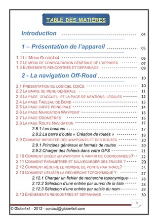 TABLE DES MATIĖRES

     Introduction                                                     04


     1 – Présentation de l’appareil                                   05

  1.1 LE MENU GLOBE4X4                                                06
  1.2 LE MENU DE CONFIGURATION GÉNÉRALE DE L’APPAREIL                 07
  1.3 EVÉNEMENTS RENCONTRÉS ET DÉPANNAGE                              09
     2 - La navigation Off-Road                                       10
  2.1 PRÉSENTATION DU LOGICIEL OZICE                                  10
  2.2 LA BARRE DE MENU GÉNÉRALE                                       11
  2.3 LA PAGE D’ACCUEIL ET LA PAGE DE MENTIONS LÉGALES                12
  2.4 LA PAGE TABLEAU DE BORD                                         13
  2.5 LA PAGE CARTE PRINCIPALE                                        14
  2.6 LA PAGE NAVIGATION WAYPOINT                                     15
  2.7 LA PAGE ODOMÈTRES                                               16
  2.8 LA PAGE ROUTE NAVIGATION                                        17
           2.8.1 Les boutons                                          17
           2.8.2 La barre d’outils « Création de routes »             18
  2.9 COMMENT IMPORTER DES WAYPOINTS ET DES ROUTES                    20
           2.9.1 Principes généraux et formats de routes              20
           2.9.2 Charger des fichiers dans votre GPS                  21
  2.10 COMMENT CRÉER UN WAYPOINT À PARTIR DE COORDONNÉES?             22
  2.11 COMMENT PARAMÉTRER ET SAUVEGARDER DES TRACES ?                 23
  2.12 COMMENT RÉDUIRE LE NOMBRE DE POINTS PAR TRACE?                 25
  2.13 COMMENT UTILISER LA RECHERCHE TOPONYMIQUE ?                    27
           2.12.1 Charger un fichier de recherche toponymique         28
           2.12.2 Sélection d'une entrée par survol de la liste       28
           2.12.3 Sélection d'une entrée par saisie du nom            29
  2.13 EVÉNEMENTS RENCONTRÉS ET DÉPANNAGE                             30
                                                                  3

© Globe4x4 - 2012 - contact@globe4x4.com
 