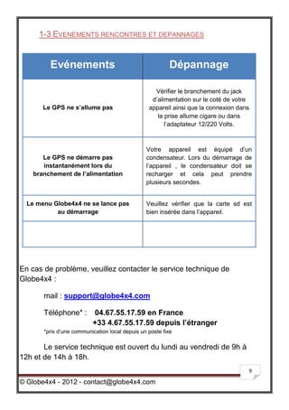1-3 EVENEMENTS RENCONTRES ET DEPANNAGES


         Evénements                                       Dépannage

                                                   Vérifier le branchement du jack
                                                  d’alimentation sur le coté de votre
       Le GPS ne s’allume pas                    appareil ainsi que la connexion dans
                                                    la prise allume cigare ou dans
                                                       l’adaptateur 12/220 Volts.



                                                Votre appareil est équipé d’un
       Le GPS ne démarre pas                    condensateur. Lors du démarrage de
       instantanément lors du                   l’appareil , le condensateur doit se
    branchement de l’alimentation               recharger et cela peut prendre
                                                plusieurs secondes.


  Le menu Globe4x4 ne se lance pas              Veuillez vérifier que la carte sd est
           au démarrage                         bien insérée dans l’appareil.




En cas de problème, veuillez contacter le service technique de
Globe4x4 :

       mail : support@globe4x4.com

       Téléphone* :       04.67.55.17.59 en France
                          +33 4.67.55.17.59 depuis l’étranger
       *prix d’une communication local depuis un poste fixe

       Le service technique est ouvert du lundi au vendredi de 9h à
12h et de 14h à 18h.
                                                                                    9

© Globe4x4 - 2012 - contact@globe4x4.com
 