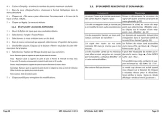 4 >  Cochez « Simplify » et entrez le nombre de points maximum souhaité                                                      3.3.  EVENEMENTS RENCONTRES ET DEPANNAGES
   5 >  Dans la zone « 
                      Output/Sortie  choisissez le format OziExplorer dans le
                                   »,
   menu déroulant                                                                                                                         Evénements                                     Dépannage
   6 >  Cliquez sur « File name » pour déterminer l’emplacement et le nom de la                                            Je suis en France et je n’arrive pas à ouvrir Pensez à déconnecter la réception du
   trace une fois réduite.                                                                                                 des cartes d’autres régions / pays            signal GPS (icône antenne sur la barre de
                                                                                                                                                                         menu générale) [p.10]
   7 >  Cliquer sur Apply. La trace est réduite.
                                                                                                                           J’ai créé un waypoint mais je n’arrive pas Maintenez le stylet au centre du way-
           3.2.2.  En utilisant le logiciel Mapsource                                                                      à en modifier le nom ou les coordonnées point puis sélectionnez « Modifier wtp »
                                                                                                                                                                         ou cliquez sur le bouton «        Liste way-
   1 >  Ouvrir le fichier de trace que vous souhaitez réduire.                                                                                                           point » puis « Modifier » [p. 23]
   2 >  Sélectionnez l’onglet «Tracés/Pistes»                                                                              J’ai des waypoints Garmin sur mon ordi- Les données de waypoints doivent être
   3 >  Sélectionnez la trace à réduire avec un clic droit.                                                                nateur, comment les transférer ?              enregistrées dans le répertoire DATA de
                                                                                                                                                                         la carte SD au format *.gpx [p. 20]
   4 >  Dans le menu contextuel qui apparaît, sélectionnez «Propriétés de la piste»
                                                                                                                           J’ai copié mes routes sur ma carte Les fichiers de routes sont accessibles
   5 >  Une fenêtre s’ouvre. Cliquez sur le bouton «Filtrer» situé dans le coin infé-                                      mémoire SD mais je n’arrive pas à les via le menu « File » ►          « Route » ► 
                                                                                                                                                                                                            « Charger
   rieur droit de la fenêtre                                                                                               trouver.                                      fichier route » [p. 20]
   6 >  Sélectionnez l’option de filtrage de piste qui vous convient :                                                     J’ai des nouvelles cartes sur ma micro SD Il peut être nécessaire de recréer un in-
                                                                                                                           mais elles ne sont pas prises en compte dex via le menu « Map » ►            
                                                                                                                                                                                                       « Créer INDEX
   	   Aucun : MapSource ajoute ou supprime des points de piste toutes les secondes.
                                                                                                                           par les boutons « carte plus détaillée » et Carte » puis « Yes ».
   	   Temps : MapSource ajoute ou supprime des points de piste en fonction de l’intervalle de temps choisi.               « carte moins détaillée ».
   	   Si vous entrez 30 secondes, un nouveau point est ajouté à la piste toutes les 30 secondes.                                                                        Si le problème persiste, contactez le sup-
   	   Distance : MapSource ajoute ou supprime des points de piste en fonction de la distance choisie                                                                    port technique au +33 (0)4 67 55 17 59

   	   Automatique : MapSource ajoute ou supprime des points de piste en s’adaptant au mieux au chemin de l’utilisateur.   Ma carte ne fait que tourner.                Le mode cap devant est activé quand
   	   Utilisez le sélecteur pour ajouter plus ou moins de points.                                                                                                      vous cliquez sur le bouton 3D. Cliquez
                                                                                                                                                                        à nouveau dessus pour le désactiver.
   	   Points maximum : limite le nombre de points
                                                                                                                                                                        Sinon vérifiez le menu « View » ► « Mode
   7 >  Cliquez sur OK pour enregistrer les modifications.                                                                                                              affichage » et décochez « Cap devant ».




Page 28	                                                                                 GPS Globe 4x4 © 2012              GPS Globe 4x4 © 2012	                                                             Page 29
 