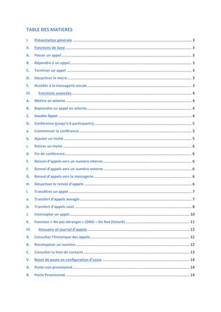 TABLE DES MATIERES
I. Présentation générale .................................................................................................................... 3
II. Fonctions de base ........................................................................................................................... 3
A. Passer un appel............................................................................................................................... 3
B. Répondre à un appel....................................................................................................................... 3
C. Terminer un appel .......................................................................................................................... 3
D. Désactiver le micro ......................................................................................................................... 3
E. Accéder à la messagerie vocale...................................................................................................... 3
III. Fonctions avancées..................................................................................................................... 4
A. Mettre en attente........................................................................................................................... 4
B. Reprendre un appel en attente...................................................................................................... 4
C. Double Appel .................................................................................................................................. 4
D. Conférence (jusqu’à 6 participants)............................................................................................... 5
a. Commencer la conférence.............................................................................................................. 5
b. Ajouter un invité............................................................................................................................. 5
c. Retirer un invité.............................................................................................................................. 6
d. Fin de conférence............................................................................................................................ 6
E. Renvoi d’appels vers un numéro interne....................................................................................... 6
F. Renvoi d’appels vers un numéro externe...................................................................................... 6
G. Renvoi d’appels vers la messagerie ............................................................................................... 6
H. Désactiver le renvoi d’appels ......................................................................................................... 6
I. Transférer un appel ........................................................................................................................ 7
a. Transfert d’appels aveugle............................................................................................................. 7
b. Transfert d’appels suivi .................................................................................................................. 8
J. Intercepter un appel..................................................................................................................... 10
K. Fonction « Ne pas déranger » (DND – Do Not Disturb)............................................................... 11
IV. Annuaire et journal d’appels.................................................................................................... 12
A. Consulter l’historique des appels................................................................................................. 12
B. Recomposer un numéro............................................................................................................... 12
C. Consulter la liste de contacts ....................................................................................................... 13
V. Reset de poste en configuration d’usine ..................................................................................... 14
A. Poste non provisionné.................................................................................................................. 14
B. Poste Provisionné. ........................................................................................................................ 14
 