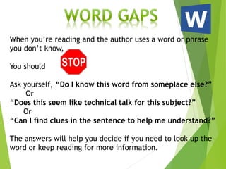 When you’re reading and the author uses a word or phrase
you don’t know,
You should
Ask yourself, “Do I know this word from someplace else?”
Or
“Does this seem like technical talk for this subject?”
Or
“Can I find clues in the sentence to help me understand?”
The answers will help you decide if you need to look up the
word or keep reading for more information.
 