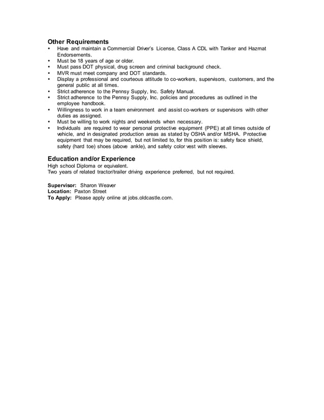 **NOW HIRING** Tanker Driver, Paxton Street