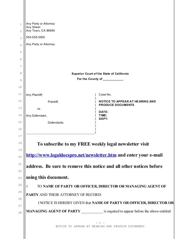 Notice to appear at hearing and produce documents for corporate debt…