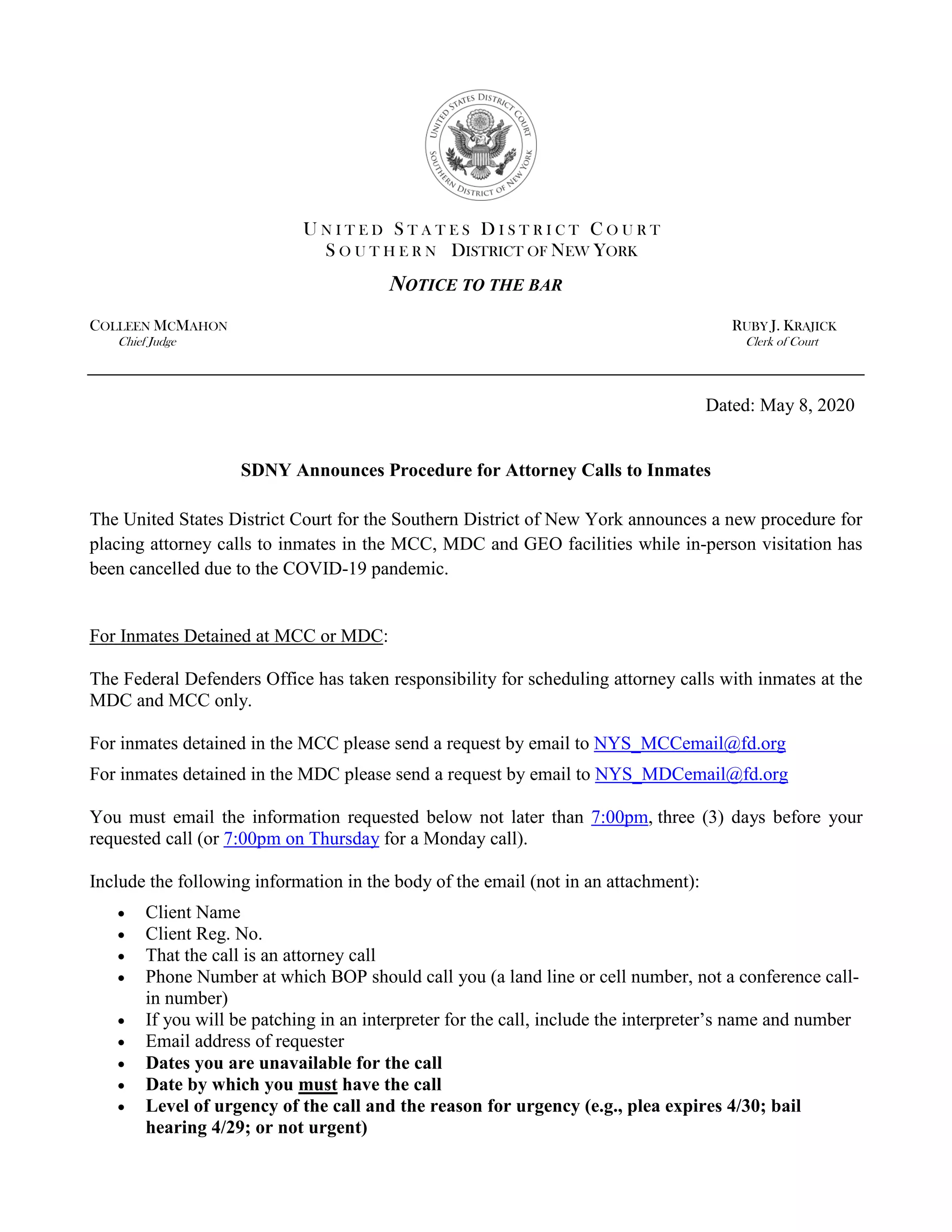 Notice to bar attorney-inmate calls during covid | PDF