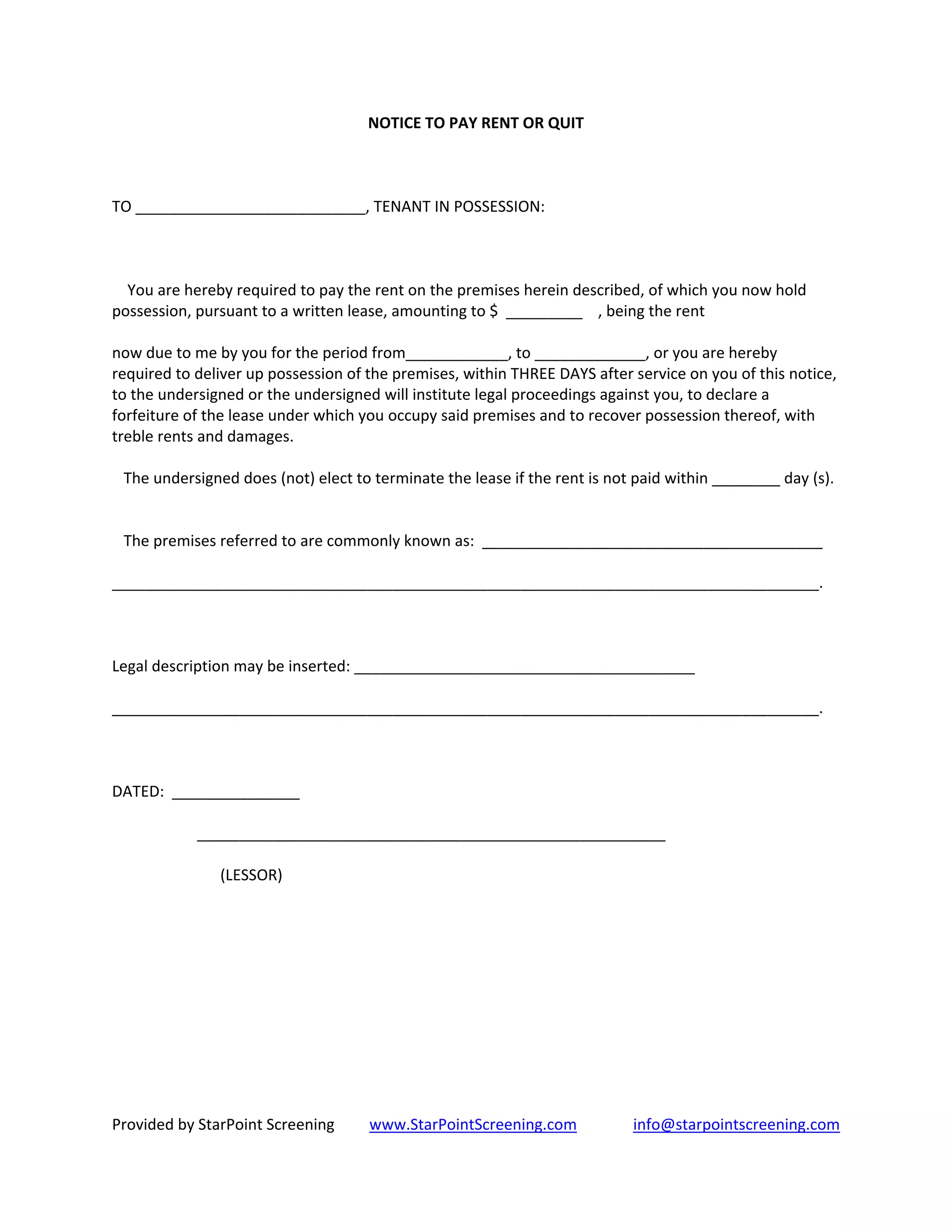 Quit Rent Statement Notice to pay rent or quit | PDF