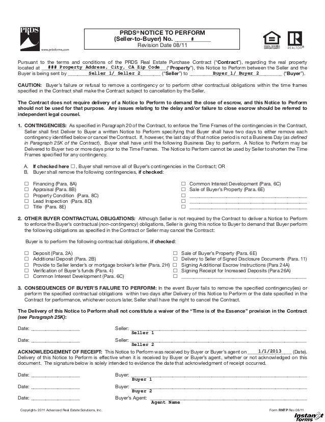 Notice to perform (rntp)