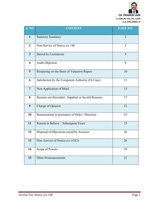 CA. PRAMOD JAIN
B. COM (H), FCA, FCS, FCMA
LL.B, DISA, MIMA, IP
Income Tax- Notice u/s 148 Page 1
S. NO CONTENT PAGE NO.
1 Statutory Summary 2
2 Non-Service of Notice u/s 148 2
3 Barred by Limitations 4
4 Audit Objection 8
5 Reopening on the Basis of Valuation Report 10
6 Satisfaction by the Competent Authority (Fit Case) 11
7 Non-Application of Mind 13
8 Reasons not Recorded / Supplied or Invalid Reasons 17
9 Change of Opinion 23
10 Reassessment in pursuance of Order / Direction 25
11 Reason to Believe – Subsequent Years 25
12 Disposal of Objections raised by Assessee 26
13 Non–Service of Notice u/s 143(2) 26
14 Scope of Powers 29
15 Other Pronouncements 31
 