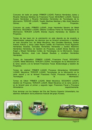 Concurso de baile en pareja: PRIMER LUGAR, Patricia Hernández Juárez y 
Ricardo Mendoza Martínez de Financiera Fiscal; SEGUNDO LUGAR, Yessica 
Azuara Hernández y Ricardo Hernández Hernández de Tecnologías de la 
Información; TERCER LUGAR, Yoselin Martínez Martínez y Nilo Abad Marañon 
Gómez de Gestión de Proyectos. 
Concurso de canto: PRIMER LUGAR, Jorge Hernández Navarro de Metal 
Mecánica; SEGUNDO LUGAR, Gilberto Contreras Flores de Tecnologías de la 
Información; TERCER LUGAR, Brenda Aquino Hernández de Gestión de 
Proyectos. 
Torneo de tae kwon do: la premiación en este deporte es de acuerdo a 
determinadas categorías, los alumnos que se hicieron acreedores a medallas 
en esta disciplina son: de Metal Mecánica, Nau González Mendoza, Santos 
Antonio Antonio y Jesús Julián Reyna Castillo; de Financiera Fiscal, Rigoberto 
Hernández Bautista, Doricelda Hernández Hernández y Santos Maximino 
Hernández Hernández; de Gestión de Proyectos, Lizbeth Eloísa Barrera del 
Ángel y Misael Hernández Cortés; de Tecnologías de la Información, Sergio 
Bautista Ramírez, José Luis Salazar Bautista y Jonathan Hernández 
Hernández. 
Torneo de basquetbol: PRIMER LUGAR, Financiera Fiscal; SEGUNDO 
LUGAR, Metal Mecánica; TERCER LUGAR, Tecnologías de la Información en 
la rama varonil y en la femenil Financiera Fiscal, Biotecnología y Gestión de 
Proyectos. 
Torneo de voleibol: PRIMER LUGAR, Procesos Alimentarios; SEGUNDO 
LUGAR, Mecánica; TERCER LUGAR, Tecnologías de la Información en la 
rama varonil y en la femenil Financiera Fiscal, Procesos Alimentarios y 
Tecnologías de la Información. 
Torneo de fútbol: PRIMER LUGAR, Metal Mecánica; SEGUNDO LUGAR, 
Gestión de Proyectos; TERCER LUGAR, Metal Mecánica en la rama varonil y 
en la femenil para el primer y segundo lugar, Financiera Fiscal y Procesos 
Alimentarios respectivamente. 
Para terminar con los festejos del Día del Técnico Superior Universitario, los 
alumnos disfrutaron de la presencia musical del grupo Acceso. 
Página 8 
 