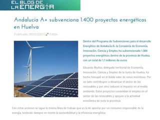 Andalucía A+ subvenciona 1.400 proyectos energéticos en Huelva
