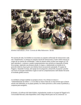 Kilobots individuales. (Foto: Cortesía de Mike Rubenstein / SEAS) 
Por encima de todo, los kilobots no necesitan un conjunto sofisticado de instrucciones cada 
uno. Simplemente, se entrega un conjunto inicial de instrucciones. Cuatro robots marcan el 
origen de un sistema de coordenadas. Todos los demás robots reciben una imagen en 2-D 
para reproducir, y entonces, usando comportamientos muy primitivos (siguiendo el borde 
de un grupo, siguiendo una distancia desde el origen, y manteniendo un sentido de la 
posición relativa), hacen giros moviéndose hacia una posición apropiada. El equipo de 
Nagpal y Alejandro Cornejo, del equipo de investigación y desarrollo, ha puesto a prueba 
con éxito el concepto matemático según el cual los comportamientos individuales llevarían 
al resultado global correcto. 
Los kilobots corrigen también sus propios errores. Si se forma un atasco o 
“embotellamiento de tráfico”, o si un robot se mueve fuera de su ruta (errores que se hacen 
mucho más habituales en un grupo grande), los robots próximos a ellos notan el problema y 
cooperan para arreglarlo. 
El diseño y el software del robot kilobot, originalmente creados en el grupo de Nagpal en la 
Universidad Harvard, están disponibles como código abierto para uso no comercial. La 
 