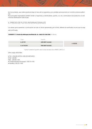 69Noticias de ExportAr
de Consumidores, que ordena productos bajo la marca de la cooperativa y son vendidos exclusivamente en la red de comercios adheri-
dos.
•Los principales importadores también venden a mayoristas y a distribuidores, quienes, a su vez, comercializan esos productos a la red
minorista distribuida en todo el país.
6. PRECIO DE FLETES INTERNACIONALES
Los valores que se presentan a continuación son solo un cálculo aproximado; por lo tanto, deberán ser verificados una vez que la carga
esté confirmada.
Otros cargos adicionales:
• THC: US$ 200 (20’DV); US$ 220 (40’DV/HC).
• Toll: US$ 90.
• B/L: US$ 60 + IVA.
• Condicionamiento de equipo: US$ 35 + IVA.
• Handling: US$ 35 + IVA.
 