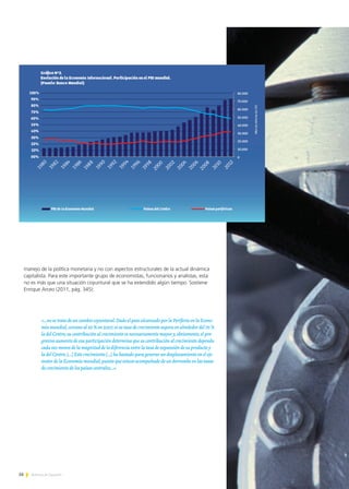 56 Noticias de ExportAr
manejo de la política monetaria y no con aspectos estructurales de la actual dinámica
capitalista. Para este importante grupo de economistas, funcionarios y analistas, esta
no es más que una situación coyuntural que se ha extendido algún tiempo. Sostiene
Enrique Arceo (2011, pág. 345):
«…no se trata de un cambio coyuntural.Dado el peso alcanzado por la Periferia en la Econo-
mía mundial,cercano al 30 % en 2007,si su tasa de crecimiento supera en alrededor del 70 %
la del Centro,su contribución al crecimiento es necesariamente mayor y,obviamente,el pro-
gresivo aumento de esa participación determina que su contribución al crecimiento dependa
cada vez menos de la magnitud de la diferencia entre la tasa de expansión de su producto y
la del Centro.[…] Este crecimiento […] ha bastado para generar un desplazamiento en el eje
motor de la Economía mundial,puesto que estuvo acompañado de un derrumbe en las tasas
de crecimiento de los países centrales…».
 