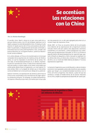 62 Noticias de ExportAr
7000
6000
5000
4000
3000
2000
1000
0
2004 2005 2006 2007 2008 2009 2010 2011 2012 2013
Exportaciones de Argentina a China
(en millones de dólares)
5497
2628
El canciller chino, WanYi, estuvo en el país como parte de su
gira por América Latina, con el fin de fortalecer relaciones con la
región y preparar la visita del presidente chino, Xi Jinping, en julio
próximo. El rápido ascenso de la China como potencia de primer
orden ha generado un desplazamiento de los ejes comerciales y
financieros hacia la Cuenca del Asia-Pacífico. Esto, sumado a las
buenas relaciones con «el Gigante Asiático», potencia el desarro-
llo del comercio bilateral.
En la última década, la China se ha transformado en el principal
comprador de las exportaciones de materias primas de América
Latina, lo cual ha impulsado el crecimiento de las ventas. Por
otro lado, el territoriolatinoamericano es un destino importan-
te para las manufacturas chinas. El éxito de las relaciones entre
este país asiático y nuestra región es de interés mutuo,dado que
ambas partes desean llevar la cooperación a un nivel superior. En
este sentido, Pekín no ha dejado de señalar que el intercambio
comercial bilateral aún se encuentra por debajo de su potencial.
Hasta el momento, las exportaciones de América Latina hacia la
China se han concentrado en las manufacturas de origen agríco-
la y productos primarios. Sin embargo, los países latinoamerica-
nos aspiran a diversificar esta matriz, de manera que incluya cada
vez más productos con un alto valor agregado para atraer así un
número mayor de inversiones chinas.
Desde 2001, la China se encuentra dentro de los principales
cinco destinos de las exportaciones de la Argentina.El enorme
mercado interno del país asiático está adquiriendo volúmenes
consistentes y en crecimiento, y ofrece perspectivas muy intere-
santes para las exportaciones nacionales. En 2013, la Chinafue el
segundo destino de lasventasargentinas (en segundo lugar, apa-
reció el Brasil).Los despachos a dicho mercado se duplicaron en
los últimos diez años y, el último año, crecieron un 10 % respecto
de 2012, con un monto de 5500 millones de dólares (7 % de las
exportaciones argentinas).
La transición hegemónica que se está llevando a cabo en el plano
económico trae aparejados potenciales beneficios para aquellos
países que tengan una complementariedad económica con la
China, tal como la Argentina. Esta relación, a pesar de que sea
asimétrica, sumada al fortalecimiento de las buenas relaciones
con la China, amplían las perspectivas de desarrollo de nuestro país.
Se acentúan
las relaciones
con la China
Por. Lic. Nicolas Stumberger
 