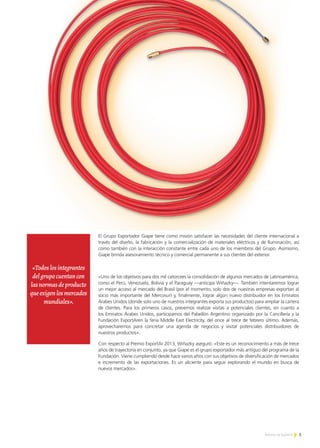 5Noticias de ExportAr
PREMIO EXPORTAR 2013
El Grupo Exportador Giape tiene como misión satisfacer las necesidades del cliente internacional a
través del diseño, la fabricación y la comercialización de materiales eléctricos y de Iluminación, así
como también con la interacción constante entre cada uno de los miembros del Grupo. Asimismo,
Giape brinda asesoramiento técnico y comercial permanente a sus clientes del exterior.
«Uno de los objetivos para dos mil catorcees la consolidación de algunos mercados de Latinoamérica,
como el Perú, Venezuela, Bolivia y el Paraguay —anticipa Wiñazky—. También intentaremos lograr
un mejor acceso al mercado del Brasil (por el momento, solo dos de nuestras empresas exportan al
socio más importante del Mercosur) y, finalmente, lograr algún nuevo distribuidor en los Emiratos
Árabes Unidos (donde solo uno de nuestros integrantes exporta sus productos) para ampliar la cartera
de clientes. Para los primeros casos, prevemos realizar visitas a potenciales clientes; en cuanto a
los Emiratos Árabes Unidos, participamos del Pabellón Argentino organizado por la Cancillería y la
Fundación ExportAren la feria Middle East Electricity, del once al trece de febrero último. Además,
aprovecharemos para concretar una agenda de negocios y visitar potenciales distribuidores de
nuestros productos».
Con respecto al Premio ExportAr 2013, Wiñazky aseguró: «Este es un reconocimiento a más de trece
años de trayectoria en conjunto, ya que Giape es el grupo exportador más antiguo del programa de la
Fundación. Viene cumpliendo desde hace varios años con sus objetivos de diversificación de mercados
e incremento de las exportaciones. Es un aliciente para seguir explorando el mundo en busca de
nuevos mercados».
«Todoslosintegrantes
delgrupocuentancon
lasnormasdeproducto
queexigenlosmercados
mundiales».
 