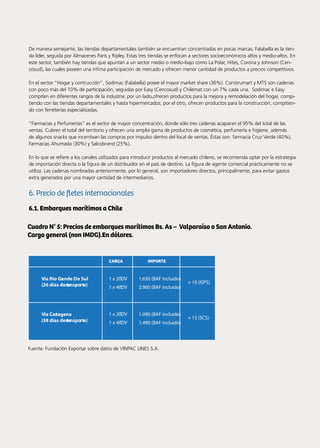 83Noticias de ExportAr
De manera semejante, las tiendas departamentales también se encuentran concentradas en pocas marcas. Falabella es la tien-
da líder, seguida por Almacenes París y Ripley. Estas tres tiendas se enfocan a sectores socioeconómicos altos y medio-altos. En
este sector, también hay tiendas que apuntan a un sector medio o medio-bajo como La Polar, Hites, Corona y Johnson (Cen-
cosud), las cuales poseen una ínfima participación de mercado y ofrecen menor cantidad de productos a precios competitivos.
En el sector “Hogar y contrucción”, Sodimac (Falabella) posee el mayor market share (36%). Construmart y MTS son cadenas
con poco más del 10% de participación, seguidas por Easy (Cencosud) y Chilemat con un 7% cada una. Sodimac e Easy
compiten en diferentes rangos de la industria: por un lado,ofrecen productos para la mejora y remodelación del hogar, compi-
tiendo con las tiendas departamentales y hasta hipermercados; por el otro, ofrecen productos para la construcción, compitien-
do con ferreterías especializadas.
“Farmacias y Perfumerías” es el sector de mayor concentración, donde sólo tres cadenas acaparan el 95% del total de las
ventas. Cubren el total del territorio y ofrecen una amplia gama de productos de cosmética, perfumería e higiene, además
de algunos snacks que incentivan las compras por impulso dentro del local de ventas. Éstas son: farmacia Cruz Verde (40%),
Farmacias Ahumada (30%) y Salcobrand (25%).
En lo que se refiere a los canales utilizados para introducir productos al mercado chileno, se recomienda optar por la estrategia
de importación directa o la figura de un distribuidor en el país de destino. La figura de agente comercial prácticamente no se
utiliza. Las cadenas nombradas anteriormente, por lo general, son importadores directos, principalmente, para evitar gastos
extra generados por una mayor cantidad de intermediarios.
6. Precio de fletes internacionales
6.1. Embarques marítimos a Chile
	
Cuadro N° 5: Precios de embarques marítimos Bs. As – Valparaíso o San Antonio.
Carga general (non IMDG).En dólares.
Vía Rio Grande Do Sul
(26 días de transporte)
1 x 20’DV
1 x 40’DV
Vía Cartagena
(38 días de transporte)
1 x 20’DV
1 x 40’DV
1.650 (BAF incluido)
2.900 (BAF incluido)
1.090 (BAF incluido)
1.490 (BAF incluido)
+ 10 (ISPS)
+ 13 (SCS)
Fuente: Fundación Exportar sobre datos de VINPAC LINES S.A.
 