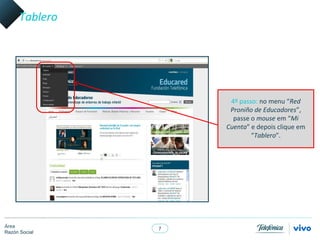 Tablero




                     4º passo: no menu “Red
                     Proniño de Educadores”,
                      passe o mouse em “Mi
                    Cuenta” e depois clique em
                            “Tablero”.




Área
                7
Razón Social
 