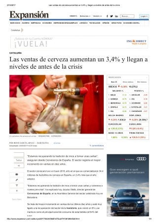 Las ventas de cerveza aumentan un 3,4% y llegan a niveles de antes de la crisis