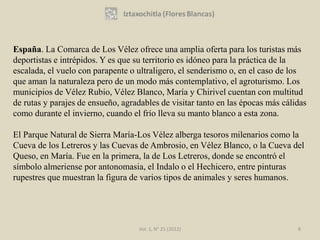 España. La Comarca de Los Vélez ofrece una amplia oferta para los turistas más
deportistas e intrépidos. Y es que su territorio es idóneo para la práctica de la
escalada, el vuelo con parapente o ultraligero, el senderismo o, en el caso de los
que aman la naturaleza pero de un modo más contemplativo, el agroturismo. Los
municipios de Vélez Rubio, Vélez Blanco, María y Chirivel cuentan con multitud
de rutas y parajes de ensueño, agradables de visitar tanto en las épocas más cálidas
como durante el invierno, cuando el frío lleva su manto blanco a esta zona.

El Parque Natural de Sierra María-Los Vélez alberga tesoros milenarios como la
Cueva de los Letreros y las Cuevas de Ambrosio, en Vélez Blanco, o la Cueva del
Queso, en María. Fue en la primera, la de Los Letreros, donde se encontró el
símbolo almeriense por antonomasia, el Indalo o el Hechicero, entre pinturas
rupestres que muestran la figura de varios tipos de animales y seres humanos.




                                    Vol. 1, N° 21 (2012)                         8
 