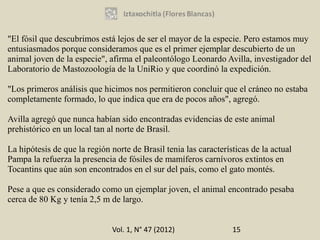 "El fósil que descubrimos está lejos de ser el mayor de la especie. Pero estamos muy
entusiasmados porque consideramos que es el primer ejemplar descubierto de un
animal joven de la especie", afirma el paleontólogo Leonardo Avilla, investigador del
Laboratorio de Mastozoología de la UniRio y que coordinó la expedición.

"Los primeros análisis que hicimos nos permitieron concluir que el cráneo no estaba
completamente formado, lo que indica que era de pocos años", agregó.

Avilla agregó que nunca habían sido encontradas evidencias de este animal
prehistórico en un local tan al norte de Brasil.

La hipótesis de que la región norte de Brasil tenia las características de la actual
Pampa la refuerza la presencia de fósiles de mamíferos carnívoros extintos en
Tocantins que aún son encontrados en el sur del país, como el gato montés.

Pese a que es considerado como un ejemplar joven, el animal encontrado pesaba
cerca de 80 Kg y tenía 2,5 m de largo.


                              Vol. 1, N° 47 (2012)                15
 