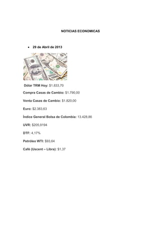 NOTICIAS ECONOMICAS
29 de Abril de 2013
Dólar TRM Hoy: $1.833,70
Compra Casas de Cambio: $1.790,00
Venta Casas de Cambio: $1.820,00
Euro: $2.383,63
Índice General Bolsa de Colombia: 13.428,86
UVR: $205,9194
DTF: 4,17%
Petróleo WTI: $93,64
Café (Uscent – Libra): $1,37
 