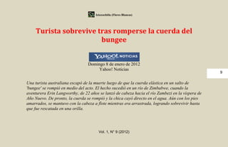 Iztaxochitla (Flores Blancas)




     Turista sobrevive tras romperse la cuerda del
                        bungee


                                 Domingo 8 de enero de 2012
                                      Yahoo! Noticias
                                                                                                  9

Una turista australiana escapó de la muerte luego de que la cuerda elástica en un salto de
'bungee' se rompió en medio del acto. El hecho sucedió en un río de Zimbabwe, cuando la
aventurera Erin Langworthy, de 22 años se lanzó de cabeza hacia el río Zambezi en la víspera de
Año Nuevo. De pronto, la cuerda se rompió y la chica cayó directo en el agua. Aún con los pies
amarrados, se mantuvo con la cabeza a flote mientras era arrastrada, logrando sobrevivir hasta
que fue rescatada en una orilla.




                                       Vol. 1, N° 9 (2012)
 