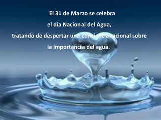     El 31 de Marzo se celebra el día Nacional del Agua, tratando de despertar una conciencia racional sobre la importancia del agua. 