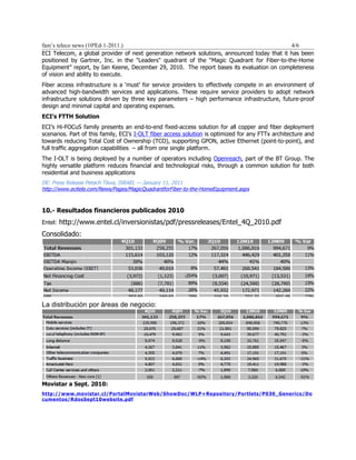 fam’s teleco news (10ªEd-1-2011.)                                                            4/6
ECI Telecom, a global provider of next generation network solutions, announced today that it has been
positioned by Gartner, Inc. in the "Leaders" quadrant of the “Magic Quadrant for Fiber-to-the-Home
Equipment” report, by Ian Keene, December 29, 2010. The report bases its evaluation on completeness
of vision and ability to execute.
Fiber access infrastructure is a ‘must’ for service providers to effectively compete in an environment of
advanced high-bandwidth services and applications. These require service providers to adopt network
infrastructure solutions driven by three key parameters – high performance infrastructure, future-proof
design and minimal capital and operating expenses.
ECI’s FTTH Solution
ECI’s Hi-FOCuS family presents an end-to-end fixed-access solution for all copper and fiber deployment
scenarios. Part of this family, ECI’s I-OLT fiber access solution is optimized for any FTTx architecture and
towards reducing Total Cost of Ownership (TCO), supporting GPON, active Ethernet (point-to-point), and
full traffic aggregation capabilities – all from one single platform.
The I-OLT is being deployed by a number of operators including Openreach, part of the BT Group. The
highly versatile platform reduces financial and technological risks, through a common solution for both
residential and business applications
DE: Press Release Petach Tikva, ISRAEL — January 11, 2011
http://www.ecitele.com/News/Pages/MagicQuadrantforFiber-to-the-HomeEquipment.aspx



10.- Resultados financieros publicados 2010
Entel: http://www.entel.cl/inversionistas/pdf/pressreleases/Entel_4Q_2010.pdf

Consolidado:




La distribución por áreas de negocio:




Movistar a Sept. 2010:
http://www.movistar.cl/PortalMovistarWeb/ShowDoc/WLP+Repository/Portlets/P030_Generico/Do
cumentos/RdosSept10website.pdf
 
