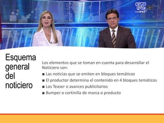 Esquema
general
del
noticiero
Los elementos que se toman en cuenta para desarrollar el
Noticiero son:
■ Las noticias que se emiten en bloques temáticos
■ El productor determina el contenido en 4 bloques temáticos
■ Los Teaser o avances publicitarios
■ Bumper o cortinilla de marca o producto
 