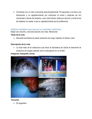  Comienza con un intro musical de aproximadamente 15 segundos y se hace una
bienvenida y un agradecimiento por sintonizar el canal y despues de ahí
comienzan a darse los titulares, una o dos breves notas por seccion y al terminar
los titulares se vuelve a dar un agradecimiento por la preferencia.
Análisis semiótico una nota en un noticiero televisivo
Elegir una sección, y de esta sección una nota. Mencionar:
Título de la nota
 Descarta secretaria de salud presencia de oruga peluche en Nuevo León
Descripción de la nota
 La nota trata de la aclaracion que hace la Secretaria de Salud al desmentir la
presencia de orugas peluche tras la evacuación en un kinder
Imágenes, fotografía, tomas
Duración
 52 segundos
 
