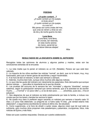 POESÍAS
¿A quién contaré…?
¿A quién contaré yo mis quejas,
mi lindo amor?
¿A quién contaré yo mis quejas,
si a vos no?
Mis penas son como ondas del mar,
que unas se vienen y otras se van:
de día y de noche guerra me dan.
Luna llena
¡Luna llena, luna llena,
tan oronda, tan redonda,
en esta noche serena
de marzo, panal de luz
que labran blancas abejas!
Alba
RESULTADOS DE LA ENCUESTA SOBRE EL NOTICIERO
Recogidos todas las opiniones de alumnos y algunos padres y madres, estas son las
conclusiones extraídas de la encuesta:
1.- La nota media que le ponen al noticiero es un 8,8. (Notable). Parece ser que está bien
valorado.
2.- La mayoría de los niños escriben las noticias “normal”, es decir, que no lo hacen, muy, muy
ilusionados, pero que sí tienen ganas de escribirlas y seguir haciéndolas.
3.- A la hora de leer el noticiero, lo leen casi siempre o siempre.
4.- Además, muchos leen todo, aunque otros muchos sólo algunas noticias.
5.- Lo que más les gusta del noticiero son claramente los pasarratos. Esto demuestra que aunque
demos noticias….., para ellos lo importante es lo que les divierte.
6.- Las pruebas del concurso de la semana las ven “normales” y algunos “divertidas”, aunque
sabemos, según la participación semanal que vamos teniendo, que si la actividad es de escribir
mucho……..(“normal” o “un poco rollo”), y si es de leer poco…….….(divertida), pues eso, ¡ Viva el
esfuerzo!.
7.- Nos alegramos de que el noticiero es leído prácticamente por toda la familia, e incluso nos
consta que por los bares y tiendas los vecinos lo ojean.
8.- No queda muy claro si prefieren seguir sacando un noticiero por semana o hacerlo cada 15
días y un poco más elaborado. La pregunta es: si fuera cada 15 días, ¿de verdad estaría más
elaborado?, o seguiríamos escribiendo la noticia el último día. Se estudiará.
9.- Como sugerencias, a la hora de añadir o quitar cosas, algunos creen que tal cual está es
suficiente, pero muchos otros proponen más pasatiempos y pasarratos, crucigramas, fotos, más
noticias de Ejulve y más fotos.
Estas son pues vuestras respuestas. Gracias por vuestra colaboración.
 