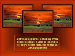 l El aire que respiramos, laa bbrriissaa qquuee eennrreeddaa 
nnuueessttrrooss ccaabbeellllooss,, eell vveerrddee ddee llooss áárrbboolleess 
yy eell ccoolloorriiddoo ddee llaass fflloorreess,, nnooss eess ddaaddoo ppoorr 
DDiiooss,, ggrraattuuiittaammeennttee.. 
 