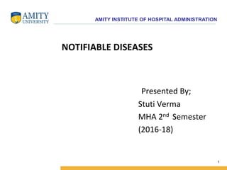 AMITY INSTITUTE OF HOSPITAL ADMINISTRATION
NOTIFIABLE DISEASES
Presented By;
Stuti Verma
MHA 2nd Semester
(2016-18)
1
 