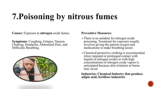 Causes: Exposure to nitrogen oxide fumes.
Symptoms: Coughing, Fatigue, Nausea,
Choking, Headache, Abdominal Pain, and
Diff...