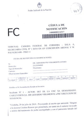 Notificación judicial a Cablevisión por cba24n