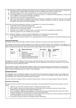 p) Admission to Online examination and further process of selection will be purely provisional without verification of
age/ qualification/ category (OBC/SC/ST/PWD) etc. of the candidates with reference to documents.
q) Candidates uploading more than one application for any reason will be treated as ineligible.
r) As the applications are to be processed by a computerized system, it is essential that the application is filled online,
duly completed in all respects and all fields duly filled up.
s) Canvassing in any form will be a disqualification.
t) Action to be taken against candidates found guilty of misconduct. Candidates are advised in their own interest that
they should not furnish any particulars that are false, tampered, fabricated or should not suppress any material
information while filling up the Online application.
At the time of the online examination/ interview, if a candidate is (or has been) found guilty of,
 Using unfair means during the examination OR
 Impersonating or procuring impersonation by any person OR
 Misbehaving in the examination hall OR
 Resorting to any irregular or improper means in connection with his/ her candidature by selection OR
 Obtaining support for his/ her candidature by any means.
Such a candidate in addition to rendering himself/ herself liable to criminal prosecution shall be liable:
 To be disqualified from the examination for which he/ she is a candidate
 To be debarred, either permanently or for a specified period, from any examination or recruitment conducted by the
Bank.
SELECTION PROCESS
Candidates shall be selected through a selection process consisting of an (open) online exam followed by Interview.
The selection process aims at getting applicants who are likely to succeed at various roles in the Bank. The endeavour is to
select people who are bright, have good communication skills (both oral and written), are dedicated, can work effectively in
teams, are passionate about their career goals and who display integrity and a positive attitude.
Type Sr.
No.
Name of the Test No. of Qs. Max.
Marks
Composite
Time
Objective
(Online)
1 Reasoning 50 50
2 hours
2 Quantitative Aptitude 50 50
3 English Language 50 50
4 General Awareness(with special
reference to Banking Industry)
50 50
Candidates are required to obtain a minimum score in each test and also a minimum total score in the online test to be
shortlisted for interview. Candidates will be shortlisted for interview depending on the number of vacancies, cut-off in each
test and online test as decided by the Bank
Wrong answers in objective test will attract negative marks (1/4th of marks assigned to that question) for the online test.
Along with the call letters, information handout and a sample test shall also be uploaded on the site which candidates can
take to familiarize themselves with the nature of Test & Questions.
Personal Interview
The aggregate marks of candidates qualifying in the Online Test will be arranged in descending order in each category and
the candidates in the order of merit, subject to 5 times the number of intake in each category, will be called for Interview.
The qualifying marks in Interview will be as decided by the Bank.
The final merit list for selection will be on the basis of performance in Online Test, Group discussion (GD) and Interview.
Centres for online test:
The state-wise list of centres for the online test is given below. The exact address of the venue will be advised in the call
letters.
 Objective type test will be conducted online in venues across centres in India.
 Bank, however, reserves the right to cancel any of the Examination Centres and/or add some other Centres,
depending upon the response, administrative feasibility, etc.
 As far as possible candidates will be allotted to a centre of his/her choice however Bank also reserves the right to
allot the candidate to any centre other than the one he/she has opted for.
 Candidate will appear for the examination at an Examination Centre at his/her own risks and expenses and Bank will
not be responsible for any injury or losses etc. of any nature.
 No request for change of centre for Examination shall be entertained.
 