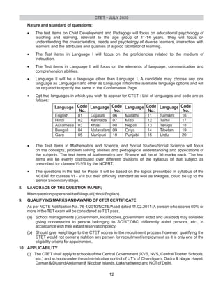 Nature and standard of questions:
•The test items on Child Development and Pedagogy will focus on educational psychology of
teaching and learning, relevant to the age group of 11-14 years. They will focus on
understanding the characteristics, needs and psychology of diverse learners, interaction with
learners and the attributes and qualities of a good facilitator of learning.
•The Test items in Language I will focus on the proficiencies related to the medium of
instruction.
•The Test items in Language II will focus on the elements of language, communication and
comprehension abilities.
•Language II will be a language other than Language I. A candidate may choose any one
language as Language I and other as Language II from the available language options and will
be required to specify the same in the Confirmation Page.
•Opt two languages in which you wish to appear for CTET : List of languages and code are as
follows:
•The Test items in Mathematics and Science, and Social Studies/Social Science will focus
on the concepts, problem solving abilities and pedagogical understanding and applications of
the subjects. The test items of Mathematics and Science will be of 30 marks each. The test
items will be evenly distributed over different divisions of the syllabus of that subject as
prescribed for classes VI-Vlll by the NCERT.
•The questions in the test for Paper II will be based on the topics prescribed in syllabus of the
NCERT for classes VI - VIII but their difficulty standard as well as linkages, could be up to the
Senior Secondary stage.
8. LANGUAGE OF THE QUESTION PAPER;
Main question paper shall be Bilingual (Hindi/English).
9. QUALIFYING MARKSANDAWARD OF CTET CERTIFICATE
As per NCTE Notification No. 76-4/2010/NCTE/Acad dated 11.02.2011: A person who scores 60% or
more in theTETexam will be considered asTETpass.
(a) School managements (Government, local bodies, government aided and unaided) may consider
giving concessions to person belonging to SC/ST,OBC, differently abled persons, etc., in
accordance with their extant reservation policy.
(b) Should give weightage to the CTET scores in the recruitment process however, qualifying the
CTET would not confer a right on any person for recruitment/employment as it is only one of the
eligibility criteria for appointment.
10. APPLICABILITY
(i) The CTET shall apply to schools of the Central Government (KVS, NVS, Central Tibetan Schools,
etc.) and schools under the administrative control of UT’s of Chandigarh, Dadra & Nagar Haveli,
Daman & Diu andAndaman & Nicobar Islands, Lakshadweep and NCTof Delhi.
Language Code
No.
Language Code
No.
Code
No.
Code
No.
Language Language
CTET - JULY 2020
12
 
