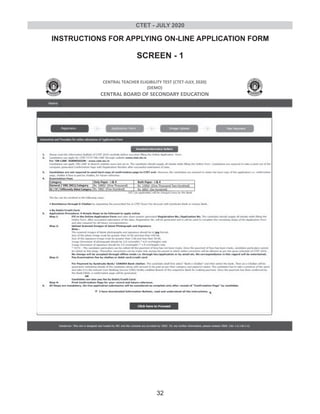 INSTRUCTIONS FOR APPLYING ON-LINE APPLICATION FORM
SCREEN - 1
CENTRAL TEACHER ELIGIBILITY TEST (CTET-JULY, 2020)
(DEMO)
CENTRAL BOARD OF SECONDARY EDUCATION
or Net Banking
CTET - JULY 2020
32
Rs. 1000/- (One Thousand)
Rs. 500/- (Five Hundred)
Rs. 1200/- (One Thousand Two Hundred)
Rs. 600/- (Six Hundred)
Both Paper - I & IIOnly Paper - I & IICategory
General / OBC (NCL) Category
SC / ST / Differently Abled Category
 
