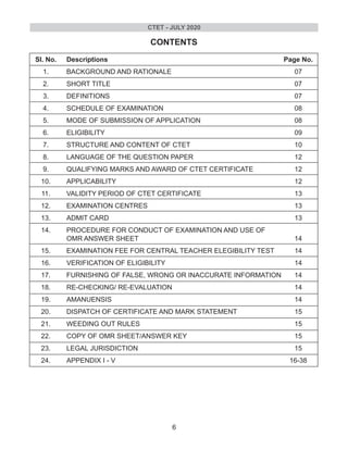 CONTENTS
Sl. No. Descriptions Page No.
1. BACKGROUND AND RATIONALE 07
2. SHORT TITLE 07
3. DEFINITIONS 07
4. SCHEDULE OF EXAMINATION 08
5. MODE OF SUBMISSION OF APPLICATION 08
6. ELIGIBILITY 09
7. STRUCTURE AND CONTENT OF CTET 10
8. LANGUAGE OF THE QUESTION PAPER 12
9. QUALIFYING MARKS AND AWARD OF CTET CERTIFICATE 12
10. APPLICABILITY 12
11. VALIDITY PERIOD OF CTET CERTIFICATE 13
12. EXAMINATION CENTRES 13
13. ADMIT CARD 13
14. PROCEDURE FOR CONDUCT OF EXAMINATION AND USE OF
OMR ANSWER SHEET 14
15. EXAMINATION FEE FOR CENTRAL TEACHER ELEGIBILITY TEST 14
16. VERIFICATION OF ELIGIBILITY 14
17. FURNISHING OF FALSE, WRONG OR INACCURATE INFORMATION 14
18. RE-CHECKING/ RE-EVALUATION 14
19. AMANUENSIS 14
20. DISPATCH OF CERTIFICATE AND MARK STATEMENT 15
21. WEEDING OUT RULES 15
22. COPY OF OMR SHEET/ANSWER KEY 15
23. LEGAL JURISDICTION 15
24. APPENDIX I - V 16-38
CTET - JULY 2020
6
 
