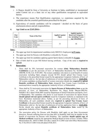 2
Note:
i. A Degree should be from a University or Institute in India, established or incorporated
under Central Act or a State Act or any other qualification recognized as equivalent
thereto.
ii. The experience means Post Qualification experience, i.e. experience acquired by the
candidate after the essential qualification prescribed for the post.
iii. Equivalency of outside candidates will be compared / decided on the basis of gross
emoluments drawn and job responsibilities.
4. Age Limit as on 22.03.2016:-
Post
Code
Name of the Post
Applied Against
Open
Applied against
Reserved Categories
(i.e. including 5 years
age relaxation)
01 Deputy Executive Engineer (Civil)
35 40
02 Assistant Engineer (Trans)
03 Assistant Engineer (Telecom)
04 Assistant Engineer (Civil)
Note:-
 The upper age limit for departmental candidates (only MSETCL Employees) is 57 years.
 The upper age limit for Persons with Disability is relaxable by 10 years.
 The upper age limit for candidates applying against Sports Quota is relaxable by 5 years.
 Date of birth shall be as per SSC/School leaving certificate. Copy of the same is required to
upload.
5. Reservation:
i. There shall be 30% horizontal reservation for women (Only Maharashtra Domicile
Candidates) as per the provision of Govt. of Maharashtra Resolution No. 82/2001/MSA-
2000/PK 415/K-2 dt. 25.05.2001. The women candidates who desire to avail benefit of women
reservation including Open category (except SC/ST) should upload Non Creamy Layer
Certificate in the prescribed format issued by the appropriate Competent Authority of Govt. of
Maharashtra valid on the last date of submission of on-line application form i.e. 22.03.2016.
All women candidates availing benefit of women reservation should also required to upload
Domicile certificate of Maharashtra State alongwith Non Creamy Layer Certificate as
mentioned above issued by the appropriate Authority of Govt. of Maharashtra.
ii. There shall be 5% horizontal reservation for Sports Persons of Maharashtra State as per the
provision of Govt. of Maharashtra Resolution No. Rajya Krida Dhoran-2002/No.
68/KRI.U.SE-2 dated 30.04.2005 issued by Department of School Education and Sports, Govt.
of Maharashtra. The candidates who desire to avail benefit of reservation for Sports Person
should upload relevant sports certificate issued by Competent Authority as stipulated in the
Govt. Resolution mentioned above. Further, as per the prevailing directives of Govt. of
Maharashtra, all such candidates should also required to upload Non Creamy Layer
Certificate in the prescribed format issued by the appropriate Competent Authority of Govt. of
Maharashtra valid on the last date of submission of on-line application form i.e. 22.03.2016.
He/she should also upload Domicile certificate of Maharashtra State issued by the
appropriate Authority of Govt. of Maharashtra.
iii. The reservation policy for Persons with Disability shall apply as per State Government
directives. Persons suffering from not less than 40% of disability shall only be eligible for the
benefit of reservation for Persons with Disability. The candidate should upload copy of
Medical certificate issued by the appropriate Medical Board in terms of Govt. of India, Office
Memorandum No. 36035/3/2004- Estt (Res.) dated 29.12.2005 read with Office Memorandum
No. F.No15012111200 3-Estt.(D) dated 29.06.2015.
 