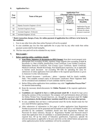 5
8. Application Fee:-
Post
Code
Name of the post
Application Fees
(Through online Payment Only)
Applying
against
Open
Applying
against
Reserved
Categories
For
Persons With
Disability
01 Deputy Executive Engineer (Civil)
*` 600/- *` 300/-
Application Fee not
applicable to PWD
persons for whom
the post is reserved.
02 Assistant Engineer (Trans)
03 Assistant Engineer (Telecom)
04 Assistant Engineer (Civil)
* Bank transaction charges, if any, for online payment of application fees will have to be borne by
the candidate.
i. Fees in any other form other than online Payment will not be accepted.
ii. In case candidate pay less fees than applicable fee or pays fees by any other mode than online
payment system shall be held ineligible.
iii. The fees once paid will not be refunded for any reason.
9. How to apply:-
i. Before applying online, candidates should-
a) Scan Photo, Signature & documents in JPEG format: Scan their recent passport style
photograph (Not exceeding 50 KB), signature image (digital) (Not exceeding 20 KB) &
documents viz. Date of Birth, Qualification, Caste Certificate, Caste Validity Certificate,
Maharashtra Domicile Certificate, Non Creamy Layer Certificate, Sports Certificate,
Medical Certificate, Marathi Knowledge, Post Qualification experience, etc as applicable
to him/her (each document not exceeding 500 KB) for uploading the same for
submission of online application form and adhere to the required specifications as given
in Annexure I to this Advertisement.
b) The scanned documents / certificates / photo / signature shall be clearly readable.
Dark / Non readable scanned copies of documents/ certificates/ Photo/ Signature shall
not be considered and candidature of such candidate shall be canceled.
c) Before filling online application form candidates may refer “Application Process Flow”
for detailed understanding.
d) Keep the necessary details/documents for Online Payment of the requisite application
fee ready.
e) Candidates are required to have a valid personal email ID. It should be kept active
during the currency of this recruitment. The company will send intimation about call letters
for Online Written Test, Personal Interview, etc. through the registered email ID. Under
no circumstances, he/she should share/ mention email ID to/ or of any other person.
f) In case, candidate does not have a valid personal email ID, he/she should create his/ her
new email ID before applying Online.
g) After submission of information in first page of online application form Registration
Number & password will be generated and forwarded on email ID as well Mobile Number
provided by the candidates. Candidates should note their Registration Number and
Password for future reference. Receipt of Registration Number and Password doesn’t
meant that application form of candidates is accepted/submitted, unless candidate pay the
required fees, fill up the details of Education qualification, Experience, uploads the
relevant documents as applicable to the post and click on the submit button and generates
online application print, his/her candidature will not be considered.
 