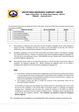 UNITED INDIA INSURANCE COMPANY LIMITED
Regd. & Head Office : 24, Whites Road, Chennai – 600 014
Website : www.uiic.co.in
7
The Main Examination (On-line Objective Test) for 250 marks, would be of TWO Hours duration and will consist
of 5 sections as follows:
S.NO. NAME OF THE TEST NO. OF QUESTIONS MARKS
1 Test of Reasoning 40 50
2 Test of English Language 40 50
3 Test of General Awareness 40 50
4 Computer Knowledge 40 50
5 Test of Numerical Ability 40 50
T O T A L 200 250
(i) The questions in objective tests, except for the test of English Language, will be made available in
English and Hindi. Candidates will have to qualify in each test/subject by securing the minimum
qualification marks as decided by the Company in the Main Examination.
(ii) Candidates qualifying in the On-line Main Examination will further qualify in the Regional Language
Test, before final selection. However, no separate marks will be awarded for Regional Language Test.
This test will be only qualifying in nature. Valid AADHAR card (or) E-Aadhar Card should be produced
during the Regional Language Test
(iii) Final selection will be made on the basis of performance in the On-line Main Examination subject to
qualifying the Regional Language Test. Merely satisfying the eligibility norms do not entitle a
candidate to be called for On-line Examination and Regional Language Test.
NOTE:
• There will be a Penalty for wrong answers (applicable to both Preliminary and Main Examination)
– For each question for which a wrong answer has been given by the candidate, ¼ th of the marks
assigned to that question will be deducted as penalty to arrive at corrected score. However, no
marks will be deducted for unattempted questions.
• The Company reserves the right to modify the structure of the examination which will be
intimated through its Website.
The final Merit List State-wise and Category-wise shall be prepared in descending order of the marks
secured by the candidates in the On-line Main Examination subject to qualifying the Regional
Language Test. Candidates who fall within the number of vacancies in the Merit List shall be
considered for provisional selection subject to Medical Fitness. Candidates will be intimated of the
same through the Company’s Website. The candidates are advised to check the Company’s
Website regularly.
The contingency list of candidates not exceeding 50% of the respective number of vacancies may
 