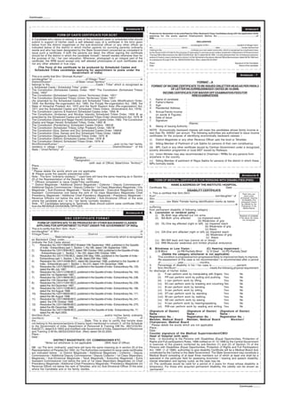 Continued...........




                                                                                                                Annexure-3                                                                                                                                                                               Annexure-5
                                                                                                                                       Proforma for declaration to be submitted by Other Backward Class Candidates along with the application while
                               FORM OF CASTE CERTIFICATE FOR SC/ST                                                                     applying for the posts against Employment Notice No......................................................of
                                                                                                                                       RRB................................................................
  A Candidate who claims to belong to one of the scheduled caste or scheduled tribe should
  submit in support of his/her claim a self attested copy of a certificate in the form given                                                                                                                           DECLARATION
  below from the district magistrate or the sub-divisional officer or any other officer as                                             “I, .........................................................................son/daughter of Shri.....................................................resident of Village/ town/
  indicated below of the district in which his/her parents (or surviving parents) ordinarily                                           city.......................................................district.....................................................state.........................................hereby declare that
  reside and who has been designated by the State Government concerned as competent to                                                 I belong to the......................................................(indicate your sub caste) community which is recognised as a backward class
  issue such a certificate. If both the parents are dead, the officer signing the certificate                                          by the Government of India for the purpose of reservation in services as per orders contained in Department of Personnel and
  should be of the district in which the candidate himself / herself resides otherwise than for                                        Training Office Memorandum No.36012/22/93-Estt. (SCT) dated 08.09.1993. It is also declared that I do not belong to persons/
                                                                                                                                       sections (Creamy Layer) mentioned in column 3 of the Schedule to the above referred Office Memorandum dated 08.09.1993 and
  the purpose of his / her own education. Wherever, photograph is an integral part of the                                              its subsequent through O.M. No. 36033/3/2004-Estt. (Res.) dated 09.03.2004”
  certificate, the RRB would accept only self attested photocopies of such certificates and
  not any other attested or true copy.                                                                                                 Place :                                                                                                                                          Signature of the Candidate
                                                                                                                                       Date :                                                                                                                                               Name of the candidate
         (The Form of the certificate to be produced by Scheduled Castes and
     Scheduled Tribes candidates applying for appointment to posts under the
                                               Government of India)
                                                                                                                                                                                                                                                                                                 Annexure - 7
  This is to certify that Shri / Shrimati /Kumari*...............................................................................
  son/daughter* of............................................of Village / Town*.............................................in
  District/Division*................................of State / Union Territory*.................................................                                                FORMAT - A
  belongs to the............................................................Caste / Tribe* which is recognised as
  a Scheduled Caste / Scheduled Tribe* under:-                                                                                            FORMAT OF INCOME CERTIFICATE TO BE ISSUED ONLETTER HEAD AS PER PARA 3
  The Constitution (Scheduled Castes) Order, 1950* The Constitution (Scheduled Tribes)                                                                    OF LETTER NO.E(RRB)/2009/25/21 DATED 28-10-2009.
  Order, 1950*                                                                                                                                      INCOME CERTIFICATE FOR WAIVER OFF EXAMINATION FEES FOR
  The Constitution (Scheduled Castes) (Union Territories) Order, 1951*                                                                                                     RRB EXAMINATIONS
  The Constitution (Scheduled Tribes) (Union Territories) Order, 1951*                                                                 1. Name of candidate           :
  (As amended by the Scheduled Castes and Scheduled Tribes Lists (Modification) Order,
  1956, the Bombay Re-organisation Act, 1960, the Punjab Re-organisation Act, 1966, the                                                2      Father’s Name           :
  State of Himachal Pradesh Act, 1970 and the North Eastern Area (Re-organisation) Act,                                                3. Age                         :
  1971 and the Scheduled Castes and Scheduled Tribes Orders, (Amendment) Act, 1976)                                                    4. Residential Address         :
  The Constitution (Jammu & Kashmir) Scheduled Castes order, 1956 @                                                                    5. Annual Family Income :
  The Constitution (Andaman and Nicobar Islands) Scheduled Tribes Order, 1959 @ as                                                            (in words & Figures)    :
  amended by the Scheduled Castes and Scheduled Tribes Order (Amendment) Act, 1976 @                                                   6. Date of Issue               :
  The Constitution (Dadra and Nagar Haveli) Scheduled Castes Order, 1962. The Constitution                                             7. Signature                   : ___________________
  (Dadra and Nagar Haveli) Scheduled Tribes, Order, 1962 @                                                                                                               (Name)
  The Constitution (Pondicherry) Scheduled Castes Orders, 1964@                                                                        8. Stamp of Issuing Authority :
  The Constitution (Scheduled Tribes) (Uttar Pradesh) Order, 1967@
  The Constitution (Goa, Daman and Diu) Scheduled Castes Order, 1968@                                                                  NOTE : Economically backward classes will mean the candidates whose family income is
  The Constitution (Goa, Daman and Diu) Scheduled Tribes Order, 1968@                                                                  less than Rs. 50000/- per annum. The following authorities are authorised to issue income
  The Constitution (Nagaland) Scheduled Tribes Order, 1970 @                                                                           certificates for the purpose of identifying economically backward calsses :-
  The Constitution (Sikkim) Scheduled Castes Order, 1978 @                                                                             (i) District Magistrate or any other Revenue Officer upto the level or Tehsildar.
  The Constitution (Sikkim) Scheduled Tribes Order, 1978 @
  Shri/Shrimati/Kumari *........................................................................and / or his / her* family,            (ii) Sitting Member of Parliment of Lok Sabha for persons of their own constituency.
  reside(s) in village / town*..............................of*...........................District/Division* of the                    (iii) BPL Card or any other certificate issued by Centrao Government under a recognized
  State / UnionTerritory* of.........................................................................................                  poverty alieviation programme or Izzat MST issued by Railways.
                                                                                                                                       (iv) Union Minister may also recommended to Chairman / RRBs for any persons from
                                                   Signature........................................................................   anywhere in the country.
                                                  **Designation...................................................................     (v) Sitting Member of parliment of Rajya Sabha for persons of the district in which these
                                                                (with seal of Office) State/Union Territory**                          MPs normally reside.
  Place..................................
  Date...................................
  * Please delete the words which are not applicable.
  @ Please quote the specific presidential order.
  Note : The term “ordinarily reside(s) ** used here will have the same meaning as in Section                                                                                                                                                                                                       Annexure-9
  20 of the Representation of the People Act, 1950.                                                                                            FORM OF MEDICAL CERTIFICATE FOR PERSONS WITH DISABILITIES (PWD)
  ** Officers competent to issue Caste/Tribe certificates :
  ** District Magistrate / Additional District Magistrate / Collector / Deputy Commissioner /                                                                              NAME & ADDRESS OF THE INSTITUTE / HOSPITAL
  Additional Deputy Commissioner / Deputy Collector / 1st Class Stipendiary Magistrate / City                                          Certificate No..........................................................                                                        Date: ..........................           .
  Magistrate / Sub-Divisional Magistrate / Taluka Magistrate / Executive Magistrate / Extra                                                                                                           DISABILITY CERTIFICATE
  Assistant Commissioner (not below the rank of 1st class Stipendiary Magistrate) Chief                                                1. This is certified that Smt./Shri/                                                                                                                    Paste here your
  Presidency Magistrate / Additional Chief Presidency Magistrate / Presidency Magistrate /                                             Kum*.......................................................................... son/daughter* of                                                           recent colour
  Revenue Officers not below the rank of Tahsildar / Sub-Divisional Officer of the area                                                Shri.....................................................................................                                                            photograph showing
  where the candidate and / or his / her family normally reside(s).                                                                                                                                                                                                                           the disability (The
                                                                                                                                       age............... sex Male/ Female having identification marks as below                                                                              photograph should
  Note : ST Candidates belonging to Tamilnadu State should submit caste certificate ONLY                                               ................................................................................................................................................is    be attested by the
  from the REVENUE DIVISIONAL OFFICER.                                                                                                 suffering                                                                                                                                             Chairperson of the
                                                                                                                                                                                                                                                                                                Medical Board)
                                                                                                                                       from permanent disability of following category :
                                                                                                                Annexure-4             A. Locomotor or cerebral palsy :
                                                                                                                                                 (i) BL-Both legs affected but not arms.                                                                                                   Signature of candidate
                                         O B C C E R T I F I C AT E F O R M AT                                                                   (ii) BA-Both arms affected                                             (a) Impaired reach                                                in the above box below
                                                                                                                                                                                                                                                                                               the photograph
                                                                                                                                                                                                                        (b) Weakness of grip
          FORM OF CERTIFICATE TO BE PRODUCED BY OTHER BACKWARD CLASSES                                                                           (iii) OL-One leg affected (right or left) (a) Impaired reach
        APPLYING FOR APPOINTMENT TO POST UNDER THE GOVERNMENT OF INDIA                                                                                                                                                              (b) Weakness of grip
  This is to certify that Shri / Smt. / Kum.*.......................................................................................                                                                                                (c) Ataxic
  son/daughter* of Shri......................................................................................................of                  (iv) OA-One arm affected (right or left) (a) Impaired reach
  Village/Town..........................................District ............................................in                                                                                                                       (b) Weakness of grip
  .............................. State belongs to......................................... community which is recognised                                                                                                              (c) Ataxic
  as Backward Class under.....................                                                                                                   (v) BH-Stiff back and hips (cannot sit or stoop)
  (indicate the Sub Caste above)                                                                                                                 (vi) MW-Muscular weakness and limited physical endurance.
  1)         Resolution No.12011/68/93-BCC@dated 10th September 1993, published in the Gazette
             of India - Extraordinary-part 1, Section 1, No.186, dated 13th September 1993.                                            B.      Blindness or Low Vision :                                (C) Hearing impairment :
  2)         Resolution No.12011/9/94-BCC, dated 19th October 1994, published in the Gazette of India                                          (i) B-Blind                (ii) PB-Partially Blind       (i) D-Deaf (ii) PD-Partially Deaf
             - Extraordinary-part 1, Section 1, No.163, dated 20th October 1994.                                                                       (Delete the category whichever is not applicable)
  3)         Resolution No.12011/7/95-BCC, dated 24th May 1995, published in the Gazette of India -                                    2.         This condition is progressive/non-progressive/likely to improve/not likely to improve.
             Extraordinary-part 1, Section 1, No.88, dated 25th May 1995.                                                                          Re-assessment of this case is not recommended / is recommended after a period
  4)         Resolution No.12011/44/96-BCC, dated 6th December 1996, published in the Gazette of                                                   of......................year.....................months.
             India - Extraordinary-part 1, Section 1, No.210, dated 11th December 1996.                                                3.         Percentage of disability in his / her case is.................................percent.
  5)         Resolution No.12011/68/93-BCC, published in the Gazette of India - Extraordinary-No. 129,                                 4.         Smt./Shri/Kum*........................................... meets the following physical requirement
             dated the 8th July 1997.
  6)         Resolution No.12011/12/96-BCC, published in the Gazette of India - Extraordinary-No. 164,                                 for    discharge of his/her duties :
             dated the 1st September 1997.                                                                                                        (i)      F-can perform work by manipulating with fingers. Yes                      No
  7)         Resolution No.12011/99/94-BCC, published in the Gazette of India - Extraordinary-No. 236,                                            (ii) PP-can perform work by pulling and pushing. Yes                               No
             dated the 11th December 1997.                                                                                                        (iii) L-can perform work by lifting.                                  Yes          No
  8)         Resolution No.12011/13/97-BCC, published in the Gazette of India - Extraordinary-No. 239,                                            (iv) KC-can perform work by kneeling and crouching.Yes                             No
             dated the 3rd December 1997.
  9)         Resolution No.12011/12/96-BCC, published in the Gazette of India - Extraordinary-No. 166,                                            (v) B-can perform work by bending.                                    Yes          No
             dated the 3rd August 1998.                                                                                                           (vi) S-can perform work by sitting.                                   Yes          No
  10)        Resolution No.12011/68/93-BCC, published in the Gazette of India - Extraordinary-No. 171,                                            (vii) ST-can perform work by standing.                                Yes          No
             dated the 6th August 1998.                                                                                                           (viii) W-can perform work by walking.                                 Yes          No
  11)        Resolution No.12011/68/98-BCC, published in the Gazette of India - Extraordinary-No. 241,                                            (ix) SE-can perform work by seeing.                                   Yes          No
             dated the 27th October 1999.
  12)        Resolution No.12011/88/98-BCC, published in the Gazette of India - Extraordinary-No. 270,                                            (x) H-can perform work by hearing/speaking.                           Yes          No
             dated the 6th December 1999.                                                                                                         (xi) RW-can perform work by reading and writing. Yes                               No
  13)        Resolution No.12011/36/99-BCC, published in the Gazette of India - Extraordinary-No. 71,                                  (Signature of Doctor)             (Signature of Doctor) (Signature of Doctor)
             dated the 4th April 2000.                                                                                                 Name :                            Name :                      Name :
  Shri/Smt./Kum.*.....................................................................and/or his/her family ordinarily
  reside(s)                        in               the.........................................District                         of    Registration No. :                Registration No. :          Registration No. :
  the..............................................................State. This is also to certify that he/she does                     Member, Medical Board             Member, Medical Board                 Member/
  not belong to the persons/sections (Creamy layer) mentioned in column 3 (of the Schedule                                             Chairperson, Medical Board
  to the Government of India, Department of Personnel & Training OM No. 36012/22/93-                                                   * Please delete the words which are not applicable
  Estt(SCT), dated 8.9.1993) and modified vide Government of India, Department of Personnel                                            Place :
  and Training O.M.No.36033/3/2004-Estt. (Res) dated 09.03.2004.                                                                       Date :
  Place :                                                                                                                              Counter signature of the Medical Superintendent/CMO/
  Date :                                                                                                                               Head of Hospital (with seal)
                               DISTRICT MAGISTRATE / DY. COMMISSIONER ETC.                                                             Note : (i) According to the Persons with Disabilities (Equal Opportunities, Protection of
                   *Strike out whichever is not applicable                                (With Seal of Office)                        Rights and Full participation) Rules, 1996 notified on 31.12.1996 by the Central Government
                                                                                                                                       in exercise of the powers conferred by sub-Section (1) and (2) of Section 73 of the
  NB : (a) The term ‘ordinarily’ used here will have the same meaning as in section 20 of the                                          Persons with Disabilities (Equal Opportunities, Protection of Rights and Full Participation)
  Representation of Peoples Act 1950. (b) The Authorities competent to issue caste certificates                                        Act, 1995 (1 of 1996), authorities to give disability Certificate will be a Medical Board duly
  are indicated below : (i) District Magistrate / Additional Magistrate / Collector / Deputy                                           constituted by the Central or the State Government. The State Government may constitute a
  Commissioner / Additional Deputy Commissioner / Deputy Collector / 1st Class Stipendiary                                             Medical Board consisting of at least three members out of which at least one shall be a
  Magistrate / Sub-Divisional Magistrate / Taluk Magistrate / Executive Magistrate / Extra                                             specialist in the particular field for assessing locomotor / hearing and speech disability,
  Assistant Commissioner (not below the rank of 1st class Stipendiary Magistrate) (ii) Chief                                           mental retardation and leprosy cured, as the case may be.
  Presidency Magistrate / Additional Chief Presidency Magistrate / Presidency Magistrate (iii)                                         (ii) The certificate would be valid for a period of 5 years for those whose disability is
  Revenue Officer not below the rank of Tahsildar, and (iv) Sub-Divisional Officer of the area                                         temporary). For those who acquired permanent disability, the validity can be shown as
  where the Candidate and or his family resides.                                                                                       ‘permanent’.




                                                                                                                                                                                                                                                                                                Continued...........
 