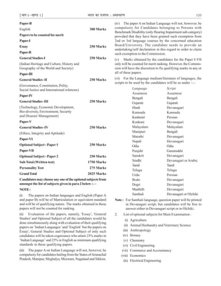 ¹Hkkx Iµ[k.M 1º Hkkjr dk jkti=k % vlk/kj.k 133
Paper-B
English 300 Marks
Papers to be counted for merit
Paper-I
Essay 250 Marks
Paper-II
General Studies-I 250 Marks
(Indian Heritage and Culture, History and
Geography of the World and Society)
Paper-III
GeneralStudies -II 250 Marks
(Governance, Constitution, Polity,
Social Justice and International relations)
Paper-IV
GeneralStudies-III 250 Marks
(Technology, Economic Development,
Bio-diversity, Environment, Security
and Disaster Management)
Paper-V
General Studies -IV 250 Marks
(Ethics, Integrity and Aptitude)
Paper-VI
Optional Subject - Paper 1 250 Marks
Paper-VII
Optional Subject - Paper 2 250 Marks
SubTotal (Written test) 1750 Marks
Personality Test 275 Marks
GrandTotal 2025 Marks
Candidatesmaychooseanyoneoftheoptionalsubjectsfrom
amongst the list of subjects given in para 2 below :—
NOTE:
(i) The papers on Indian languages and English (Paper A
and paper B) will be of Matriculation or equivalent standard
and will be of qualifying nature. The marks obtained in these
papers will not be counted for ranking.
(ii) Evaluation of the papers, namely, 'Essay', 'General
Studies' and Optional Subject of all the candidates would be
done simultaneously along with evaluation of their qualifying
papers on ‘Indian Languages’ and ‘English’ but the papers on
Éssay', General Studies and Optional Subject of only such
candidates will be taken cognizance who attain 25% marks in
‘Indian Language’ and 25% in English as minimum qualifying
standards in these qualifying papers.
(iii) The paper A on Indian Language will not, however, be
compulsory for candidates hailing from the States ofArunachal
Pradesh, Manipur, Meghalya, Mizoram, Nagaland and Sikkim.
(iv) The paper A on Indian Language will not, however, be
compulsory for Candidates belonging to Persons with
Benchmark Disability (only Hearing Impairment sub-category)
provided that they have been granted such exemption from
2nd or 3rd language courses by the concerned education
Board/University. The candidate needs to provide an
undertaking/self declaration in this regard in order to claim
such exemption to the Commission.
(v) Marks obtained by the candidates for the Paper I-VII
only will be counted for merit ranking. However, the Commis-
sion will have the discretion to fix qualifying marks in any or
all of these papers.
(vi) For the Language medium/literature of languages, the
scripts to be used by the candidates will be as under :—
Language Script
Assamese Assamese
Bengali Bengali
Gujarati Gujarati
Hindi Devanagari
Kannada Kannada
Kashmiri Persian
Konkani Devanagari
Malayalam Malayalam
Manipuri Bengali
Marathi Devanagari
Nepali Devanagari
Odia Odia
Punjabi Gurumukhi
Sanskrit Devanagari
Sindhi Devanagari orArabic
Tamil Tamil
Telugu Telugu
Urdu Persian
Bodo Devanagari
Dogri Devanagari
Maithilli Devanagari
Santhali Devanagari or Olchiki
Note: For Santhali language, question paper will be printed
in Devanagari script; but candidates will be free to
answer either in Devanagari script or in Olchiki.
2. List of optional subjects for Main Examination :
(i) Agriculture
(ii) Animal Husbandry and Veterinary Science
(iii) Anthropology
(iv) Botany
(v) Chemistry
(vi) Civil Engineering
(vii) Commerce and Accountancy
(viii) Economics
(ix) Electrical Engineering
 