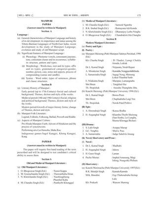 ¹Hkkx Iµ[k.M 1º Hkkjr dk jkti=k % vlk/kj.k 175
MANIPURI
PAPER-I
(Answers must be written in Manipuri)
Section A
Language :
(a) General characteristics of Manipuri Language and history
of its development; its importance and status among the
Tibeto-Burman Languages of North-East India; recent
development in the study of Manipuri Language;
evolution and study of old Manipuri script.
(b) Significant features of Manipuri Language :
(i) Phonology : Phoneme-vowels, consonants juncture,
tone, consonant cluster and its occurrence, syllable-
its structure, pattern and types.
(ii) Morphology : Word-class, root and its types; affix
and its types; grammatical categories-gender,
number, person, case, tense and aspects, process of
compounding (samas and sandhi).
(iii) Syntax : Word order; types of sentences, phrase
and clause structures.
Section B
(a) Literary History of Manipuri :
Early period (up to 17th Century)–Social and cultural
background; Themes, diction and style of the works.
Medieval period (18th and 19th Century)-Social, religious
and political background; Themes, diction and style of
the works.
Modern period-Growth of major literary forms; change
of Themes, diction and style.
(b) Manipuri Folk Literature :
Legend, Folktale, Folksong, Ballad, Proverb and Riddle.
(c) Aspects of Manipuri Culture :
Pre-Hindu Manipuri Faith;Advent of Hinduism and the
process of syncreticism;
Performing arts-Lai Haraoba, Maha Ras;
Indegenous games-Sagol Kangjei, Khong Kangjei,
Kang.
PAPER-II
(Answers must be written in Manipuri)
This paper will require first hand reading of the texts
prescribed and will be designed to test candidate’s critical
ability to assess them.
SectionA
OldandMedievalManipuriLiterature:
(a) Old Manipuri Literature :
1. O. Bhogeswar Singh (Ed.) : Numit Kappa
2. M. Gourachandra Singh (Ed.) : Thawanthaba Hiran
3. N. Khelchandra Singh (Ed.) : Naothingkhong
Phambal Kaba
4. M. Chandra Singh (Ed.) : Panthoibi Khonggul
(b) MedievalManipuriLiterature:
1. M. Chandra Singh (Ed.) : Samsok Ngamba
2. R.K. Snahal Singh (Ed.) : RamayanaAdi Kanda
3. N. Khelchandra Singh (Ed.) : Dhananjoy Laibu Ningba
4. O. Bhogeswar Singh (Ed.) : Chandrakirti Jila Changba
Section B
ModernManipuriLiterature:
(a) PoetryandEpic:
(I) Poetry :
(a) Manipuri Sheireng (Pub) Manipuri Sahitya Parishad, 1998
(Ed.)
Kh. Chaoba Singh : Pi Thadoi, Lamgi Chekla
Amada, Loktak
Dr. L. Kamal Singh : Nirjanata, Nirab Rajani
A. Minaketan Singh : Kamalda,Nonggumlalkkhoda.
L. Samarendra Singh : Ingagi Nong, Mamang
Leikai Thambal Satle
E. Nilakanta Singh : Manipur, Lamangnaba
Shri Biren : Tangkhul Hui
Th. Ibopishak : Anouba Thunglaba Jiba.
(b) Kanchi Sheireng. (Pub) Manipur University 1998 (Ed.)
Dr. L. Kamal Singh :Biswa-Prem
Shri Biren : Chaphadraba Laigi Yen
Th. Ibopishak : Norok Patal Prithivi
(II) Epic:
1. A. Dorendrajit Singh : Kansa Bodha
2. H. Anganghal Singh : Khamba-Thoibi Sheireng
(San-Senba, Lei Langba,
Shamu Khonggi Bichar)
(III)Drama:
1. S. Lalit Singh : Areppa Marup
2. G.C. Tongbra : Matric Pass
3. A. Samarendra : Judge Saheb ki Imung
(b) Novel, Short-story and Prose :
(I) Novel:
1. Dr. L. Kamal Singh : Madhabi
2. H. Anganghal Singh : Jahera
3. H. Guno Singh :Laman
4. Pacha Meetei : ImphalAmasung, Magi
Ishing, Nungsitki Phibam
(II) Short-story :
(a) Kanchi Warimacha (Pub) Manipur University 1997(Ed.)
R.K. Shitaljit Singh :KamalaKamala
M.K. Binodini : Eigi Thahoudraba Heitup
Lalu
Kh. Prakash : Wanom Shareng
 
