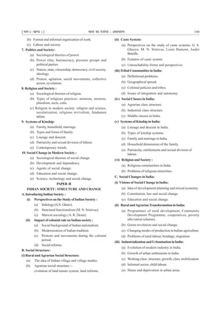¹Hkkx Iµ[k.M 1º Hkkjr dk jkti=k % vlk/kj.k 199
(b) Formal and informal organization of work.
(c) Labour and society.
7. Politics and Society:
(a) Sociological theories of power.
(b) Power elite, bureaucracy, pressure groups and
political parties.
(c) Nation, state, citizenship, democracy, civil society,
ideology.
(d) Protest, agitation, social movements, collective
action, revolution.
8. Religion and Society :
(a) Sociological theories of religion.
(b) Types of religious practices: animism, monism,
pluralism, sects, cults.
(c) Religion in modern society: religion and science,
secularization, religious revivalism, fundamen
talism.
9. Systems of Kinship:
(a) Family, household, marriage.
(b) Types and forms of family.
(c) Lineage and descent.
(d) Patriarchy and sexual division of labour.
(e) Contemporary trends.
10. Social Change in Modern Society :
(a) Sociological theories of social change.
(b) Development and dependency.
(c) Agents of social change.
(d) Education and social change.
(e) Science, technology and social change.
PAPER–II
INDIAN SOCIETY: STRUCTURE AND CHANGE
A.IntroducingIndianSociety:
(i) Perspectives on the Study of Indian Society :
(a) Indology (G.S. Ghure).
(b) Structural functionalism (M. N. Srinivas).
(c) Marxist sociology (A. R. Desai).
(ii) Impact of colonial rule on Indian society :
(a) Social background of Indian nationalism.
(b) Modernization of Indian tradition.
(c) Protests and movements during the colonial
period.
(d) Social reforms.
B. Social Structure:
(i) Rural andAgrarian Social Structure:
(a) The idea of Indian village and village studies.
(b) Agrarian social structure—
evolution of land tenure system, land reforms.
(ii) Caste System:
(a) Perspectives on the study of caste systems: G. S.
Ghurye, M. N. Srinivas, Louis Dumont, Andre
Beteille.
(b) Features of caste system.
(c) Untouchability-forms and perspectives
(iii)Tribal Communities in India:
(a) Definitional problems.
(b) Geographical spread.
(c) Colonial policies and tribes.
(d) Issues of integration and autonomy.
(iv) Social Classes in India:
(a) Agrarian class structure.
(b) Industrial class structure.
(c) Middle classes in India.
(v) Systems of Kinship in India:
(a) Lineage and descent in India.
(b) Types of kinship systems.
(c) Family and marriage in India.
(d) Household dimensions of the family.
(e) Patriarchy, entitlements and sexual division of
labour.
(vi) Religion and Society :
(a) Religious communities in India.
(b) Problems of religious minorities.
C. Social Changes in India:
(i) Visions of Social Change in India:
(a) Idea of development planning and mixed economy.
(b) Constitution, law and social change.
(c) Education and social change.
(ii) RuralandAgrarianTransformationinIndia:
(a) Programmes of rural development, Community
Development Programme, cooperatives, poverty
alleviation schemes.
(b) Green revolution and social change.
(c) Changing modes of production in Indian agriculture.
(d) Problems of rural labour, bondage, migration.
(iii) IndustrializationandUrbanisationinIndia:
(a) Evolution of modern industry in India.
(b) Growth of urban settlements in India.
(c) Working class: structure, growth, class mobilization.
(d) Informal sector, child labour.
(e) Slums and deprivation in urban areas.
 