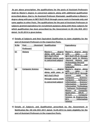13 
 
As per above prescription, the qualifications for the posts of Assistant Professors
shall be Master’s degree in concerned subjects along with additional qualification
prescribed above, that is, for Assistant Professor (Kannada) qualification is Master’s
degree along with pass in NET/SLET/Ph.D through course work in Kannada only and
same applies to other Posts. The qualifications for the post of Assistant Professors in
subjects granted equivalency for recruitment purposes along with those subjects for
which qualification has been prescribed by the Government in ED 246 DCE 2011
dated: 16.05.2014 is given below:
a) Details of Subjects and their Equivalent Qualification to claim eligibility for the
post of Assistant Professors in the respective Posts:
Sl.No Post (Assistant
Professor)
Qualification Equivalency
01 History Master’s degree
along with pass in
NET/SLET/Ph.D
through course work
in concerned subject
Master’s degree along
with pass in
NET/SLET/Ph.D through
course work in History
/Ancient History and
Archaeology/Ancient
Indian History and
Epigraphy
02 Computer Science Master’s degree
along with pass in
NET/SLET/Ph.D
through course work
in concerned subject
Master’s degree along
with pass in
NET/SLET/Ph.D through
course work in
Computer Science/
Computer Software/
Information Science/
Information System/
Information Technology
/ Software Technology/
Master of Computer
Application (MCA) /
M.Tech Computer
Science & Engineering,
M.S. Information
Science
b) Details of Subjects and Qualification prescribed by the Government in
Notification No: ED 246 DCE 2011 dated: 16.05.2014 to claim eligibility for the
post of Assistant Professors in the respective Posts:
 