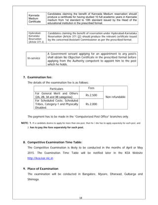 18 
 
Kannada
Medium
Certificate
Candidates claiming the benefit of Kannada Medium reservation should
produce a certificate for having studied 10 full academic years in Kannada
medium from 1st standard to 10th standard issued by the Head of the
educational institution in the prescribed format.
Hyderabad-
Karnataka
Reservation
(Article 371 J)
Candidates claiming the benefit of reservation under Hyderabad-Karnataka
Reservation (Article 371 (j)) should produce the relevant certificate issued
by the concerned Assistant Commissioner as per the prescribed format.
In-service
A Government servant applying for an appointment to any post/s
shall obtain No Objection Certificate in the prescribed format before
applying from the Authority competent to appoint him to the post
which he holds.
7. Examination fee:
The details of the examination fee is as follows:
Particulars Fees
Non refundable
For General Merit and Others
(2A, 2B, 3A and 3B categories)
Rs.2,500
For Scheduled Caste, Scheduled
Tribes, Category-1 and Physically
Disabled.
Rs.2,000
The payment has to be made in the “Computerized Post Office” branches only.
NOTE: 1. If a candidate desires to apply for more than one post, then he / she has to apply separately for each post, and
2. has to pay the fees separately for each post.
8. Competitive Examination Time Table:
The Competitive Examination is likely to be conducted in the months of April or May
2015. The Examination Time Table will be notified later in the KEA Website
http://kea.kar.nic.in
9. Place of Examination
The examination will be conducted in Bangalore, Mysore, Dharwad, Gulbarga and
Shimoga.
 